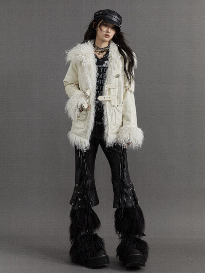 Silver Buckles and Studs Milk White Punk Loose Winter Coat