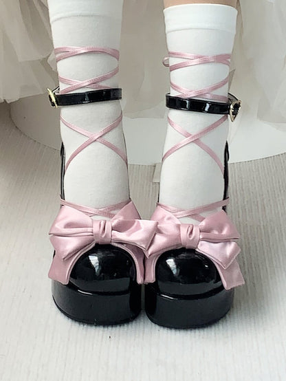PU Black Sweet Lolita Platform Mary Janes - High Block Heel with Pink Top Bow, Heart Buckle & Ankle Ties