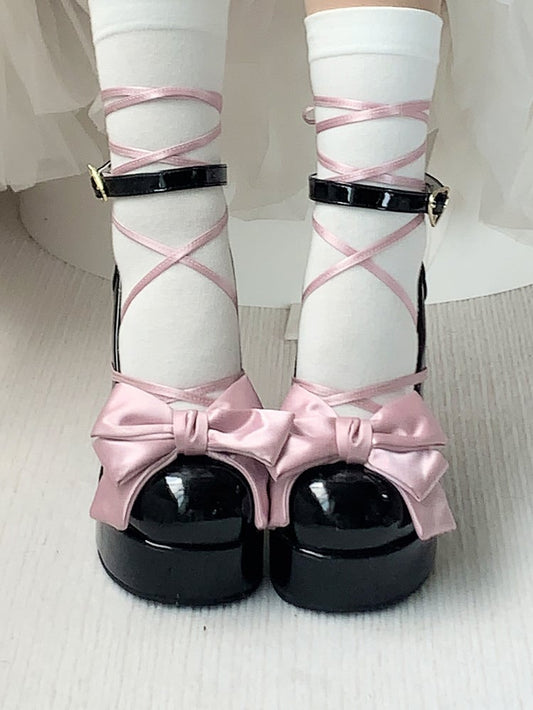 PU Black Sweet Lolita Platform Mary Janes - High Block Heel with Pink Top Bow, Heart Buckle & Ankle Ties