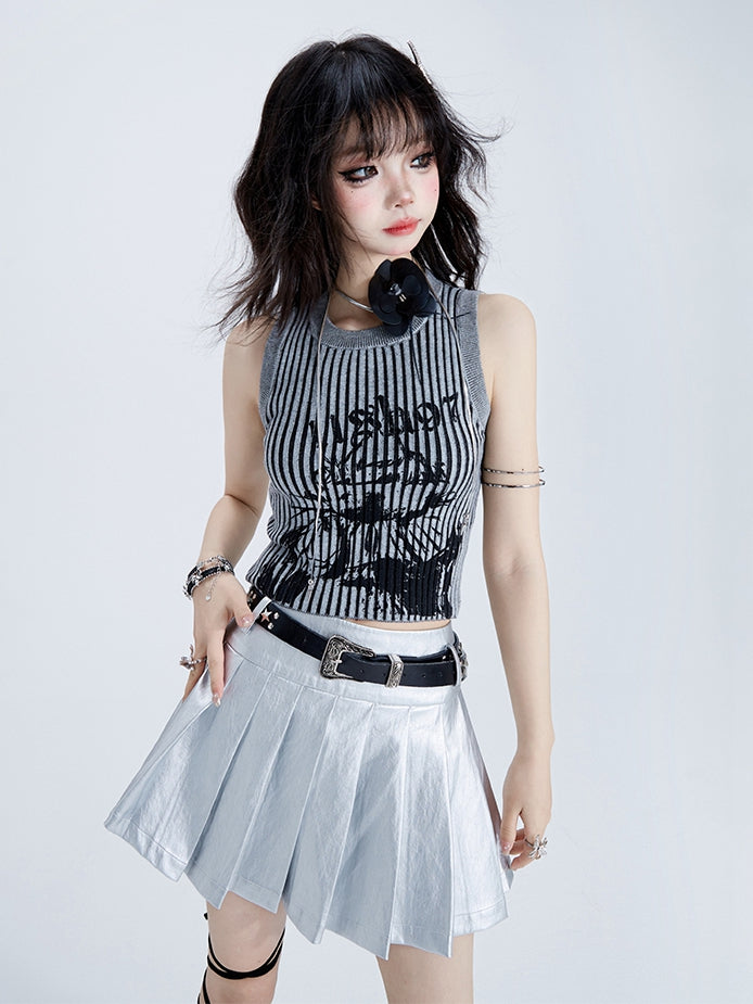 Clearance - Size M for Waist 72CM Silver High Waist PU Pleated Skirt