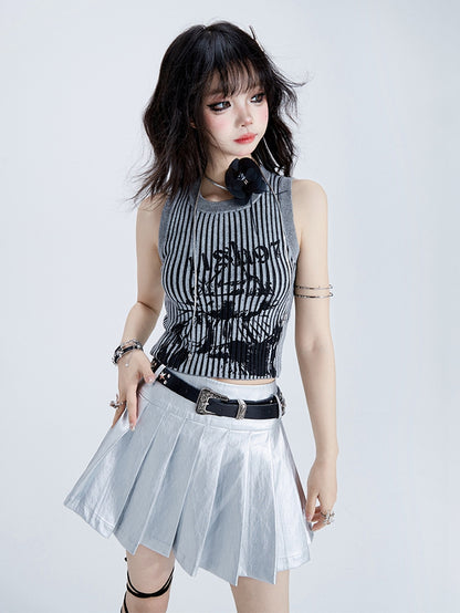 Clearance - Size M for Waist 72CM Silver High Waist PU Pleated Skirt