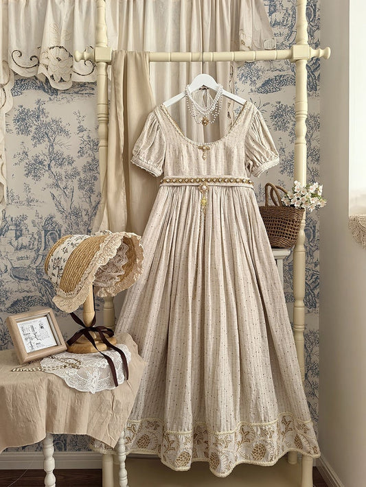 Beige Empire Waist Vintage Embroidery Hem Allover Sequin Decoration Elegant Lolita One Piece Long/Short Version