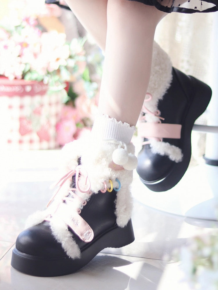 Thick Sole with Plush Rabbit Decor & Dual Closure System Black Snow Boots in Sweet Lolita
