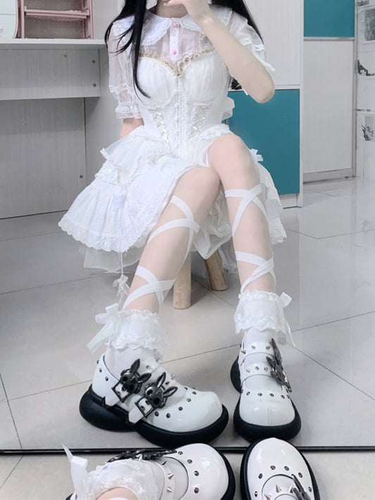 Skeleton Bunny Buckles White Punk Mary Janes