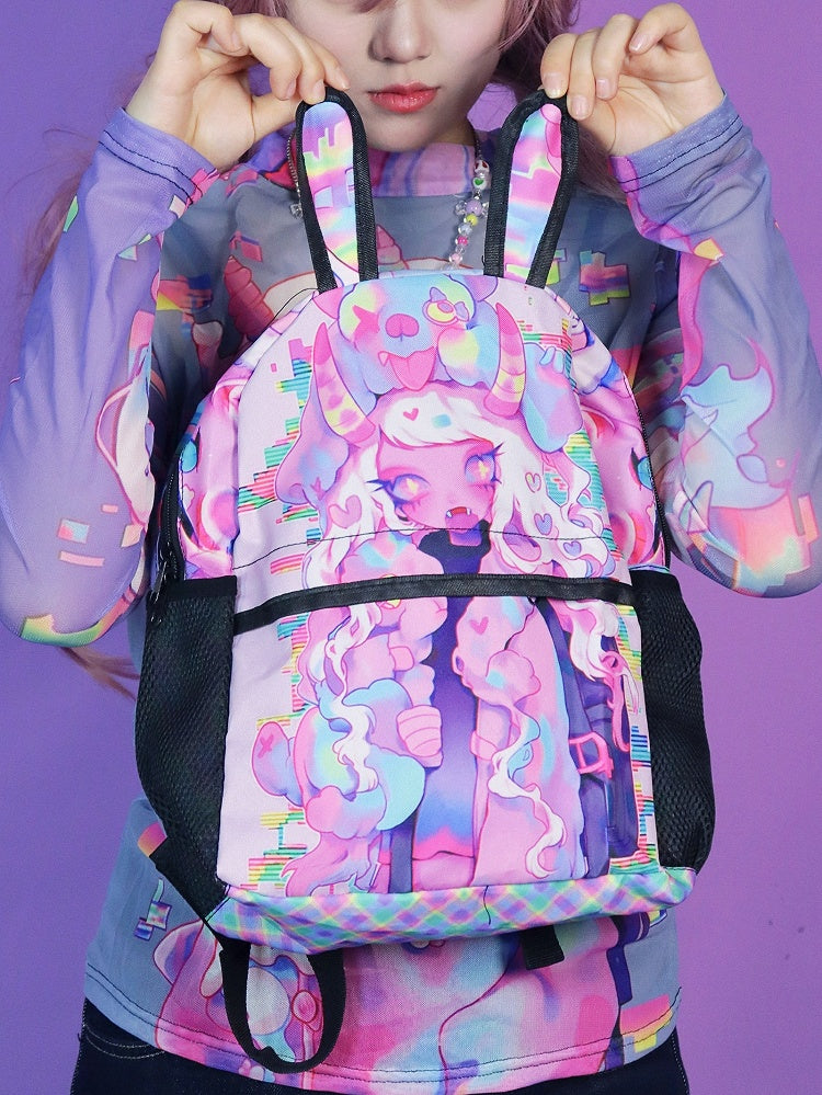 Pink Y2K Backpack with Cartoon Print and Bunny Ear Accents