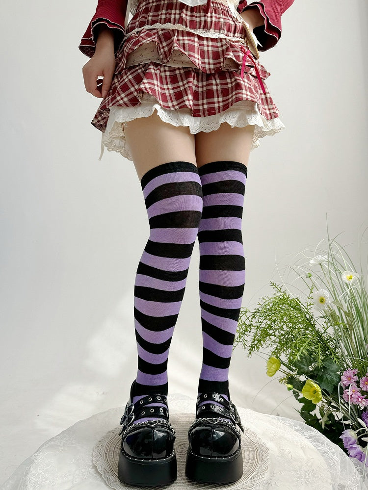Black&Purple/Black&Gray Striped Pattern Lolita Over Knee Stockings