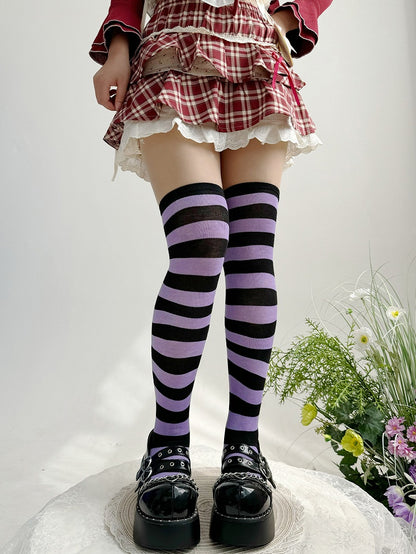 Black&Purple/Black&Gray Striped Pattern Lolita Over Knee Stockings