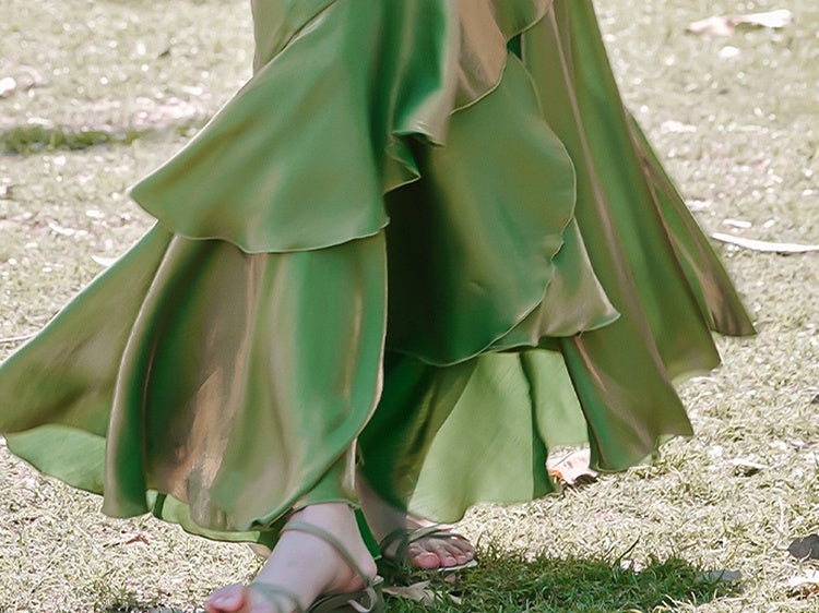 Green Floral Mermaid Skirt Flounce Hem Summer Cami Dress