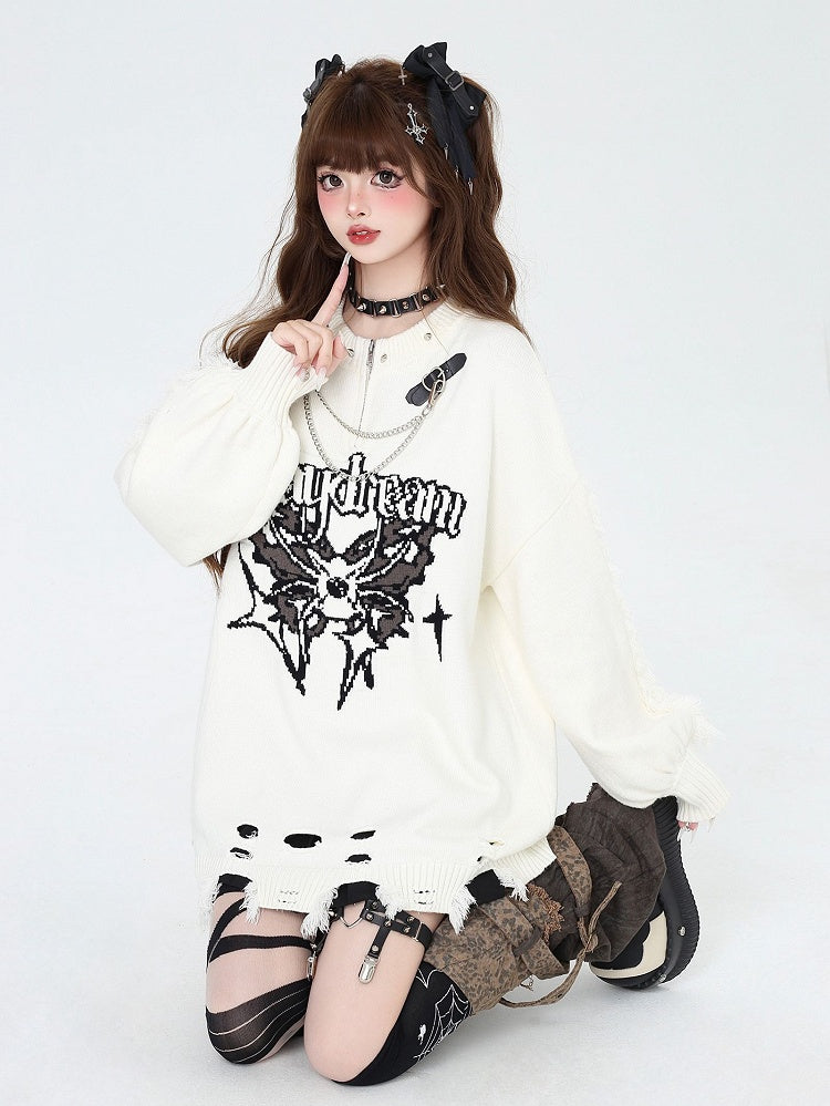 Beige Gothic Distressed Holes Butterfly Sweater with Studs and Chains