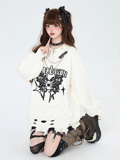 Beige Gothic Distressed Holes Butterfly Sweater with Studs and Chains