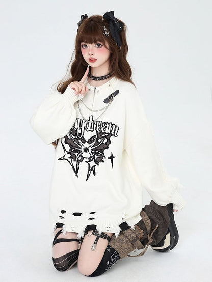 Beige Gothic Distressed Holes Butterfly Sweater with Studs and Chains