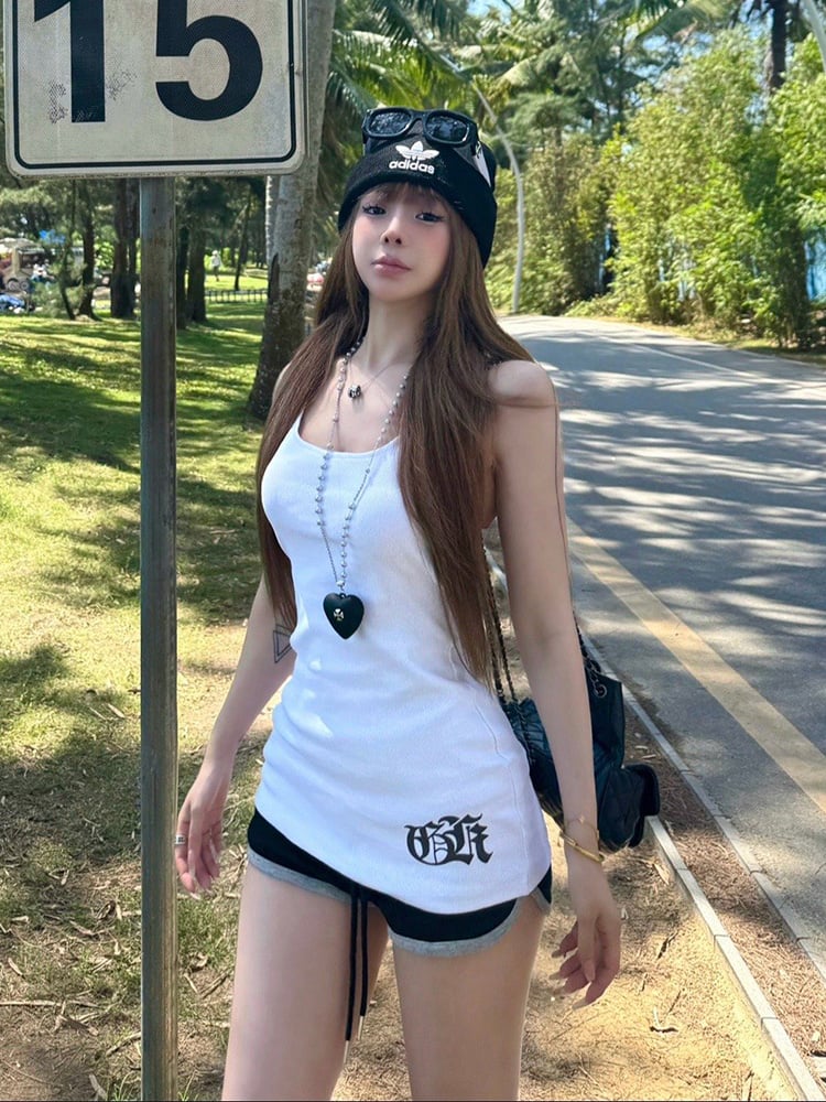 Midi Length White Racerback Tank Top with Gothic Script Print