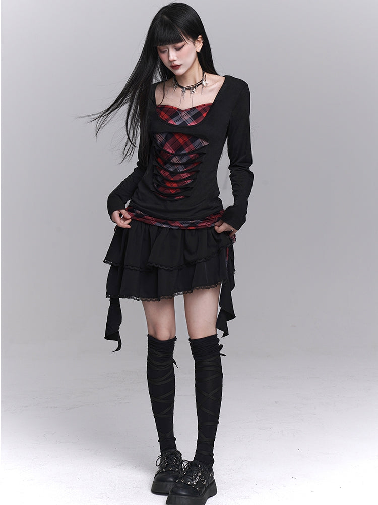 Sweetheart Neckline Distressed Holes Faux Two-pieces Red Plaid Top