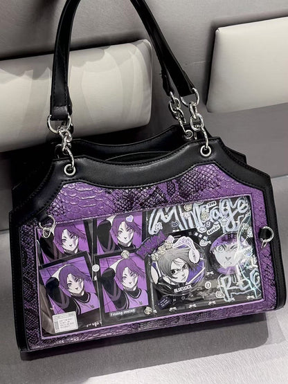 Black & Purple Snake Scale PU Ita Shoulder Bag
