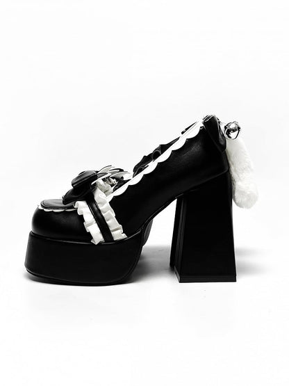 Cute Kitty Tails Black Bow at Top Punk Lolita Platform High Heels Lace-up at Ankle