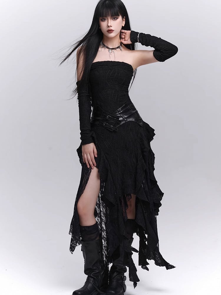 Black Asymmetrical Cascading Ruffles Strapless Dress with Free Armwears