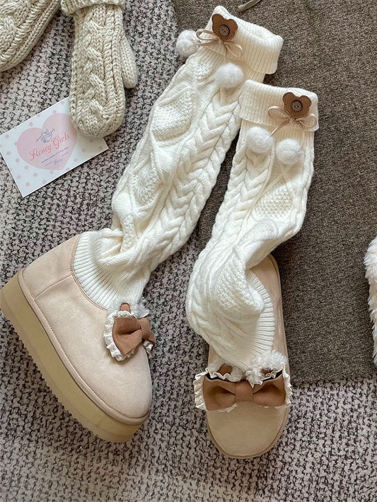 Knitted Stockings Design Bow at Top Beige Platform Boots
