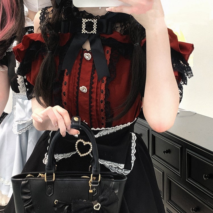 Jirai Kei Black/White/Red/Light Blue Open Shoulder Sweetheart Buttons Lace Trim Blouse