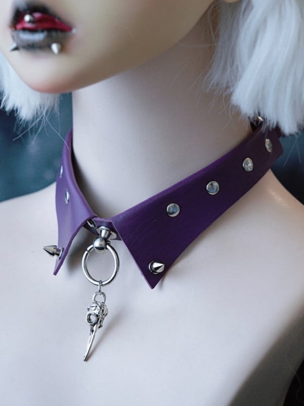 Purple Gothic Silver Bird Bone Pendant Studs Details Choker