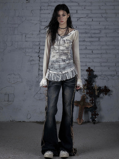 Black&Gray/Beige Wasteland Punk Star And Studs Decorated Lace Trim T-shirt