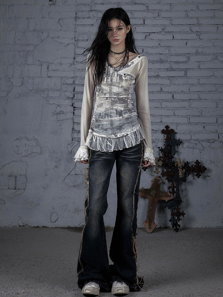 Black&Gray/Beige Wasteland Punk Star And Studs Decorated Lace Trim T-shirt