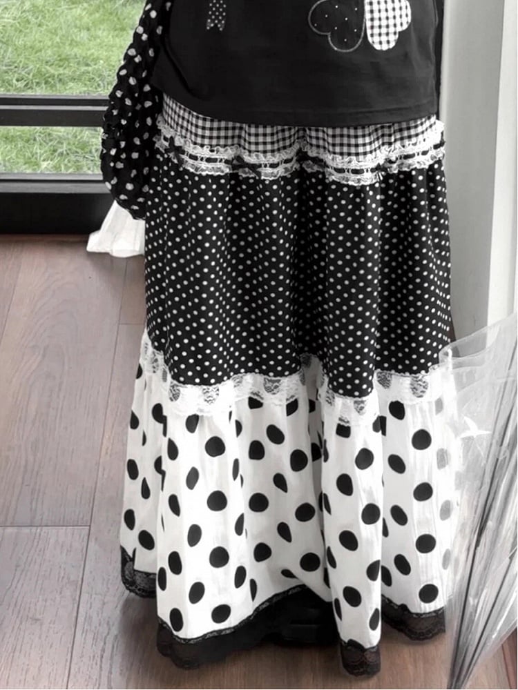 Black & White Polka Dot Panelled Maxi Skirt with Lace Trim