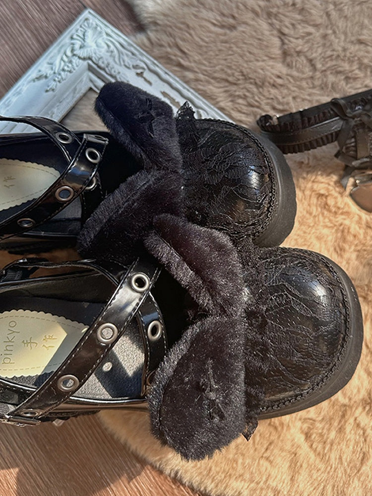 Black Plush Kitty Ear Lace Platform Mary Janes