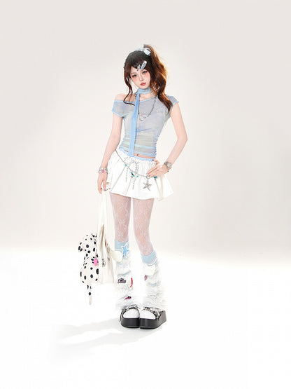 White and Blue Double Elastic Waistband Mini Skirt