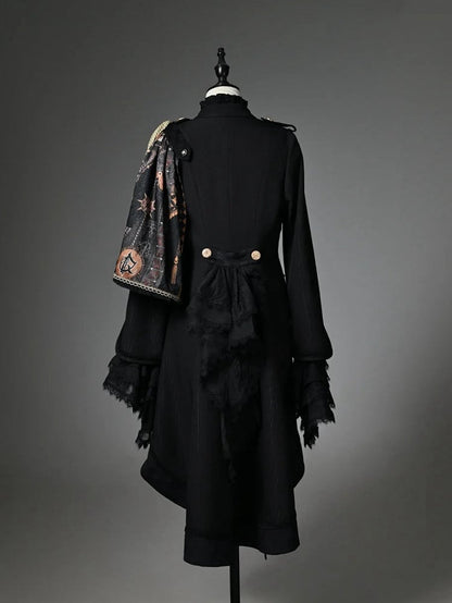 Ouji Fashion Lolita Knight Outfit - Black Long Sleeves Top + Black One-shoulder Cape Tailcoat