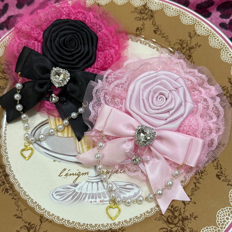 Pink/Rose Red Beaded Charm Rhinestone Heart Decorated Lace Trim Bowknot And Floral Design Hairclip
