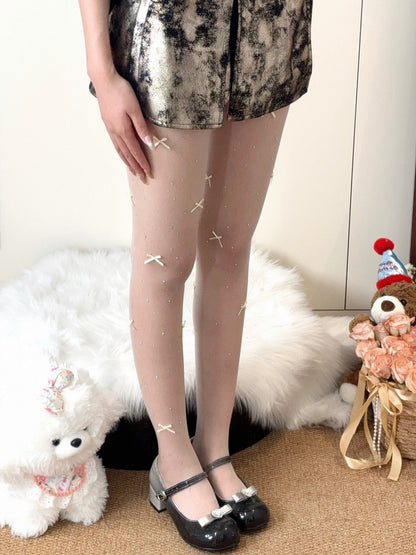 Beige/White/Nude Bowknot Details Rhinestone Decorated Tights