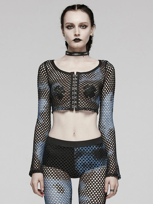 Black and Blue Punk Tie-dyed Mesh Long Sleeve T-shirt