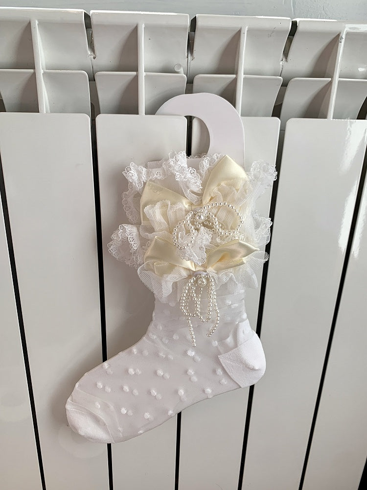 Yellow/Pink/Blue/Black Beaded Bowknot Lace Trim Polka-dot Pattern Ankle Socks