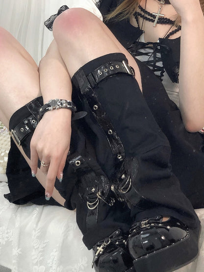Black Punk Buckles Decorated Pin Details Leg Warmers