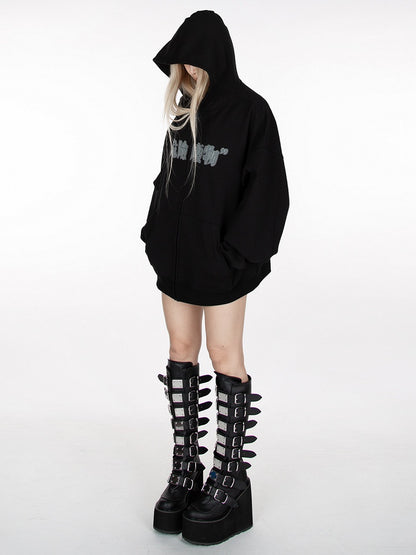 Black Zip Closure Graphic Hoodie