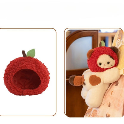 White Cute Kitty Heart Plush Backpack/Crossbody Bag + Red Apple Hat + Apple Backpack Keychian Middle/Large Size