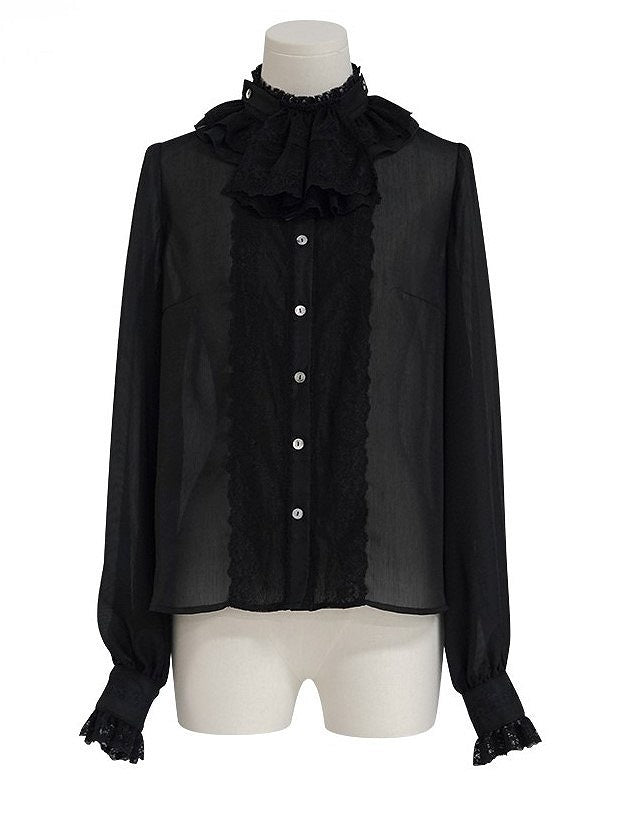 Black Ruffle Neckline Lolita Blouse with Lace Cuffs