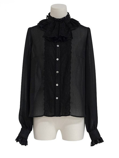 Black Ruffle Neckline Lolita Blouse with Lace Cuffs