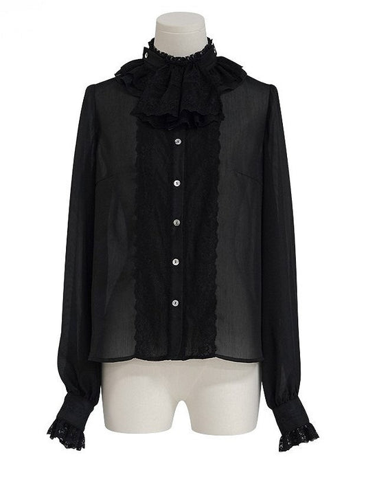 Black Ruffle Neckline Lolita Blouse with Lace Cuffs