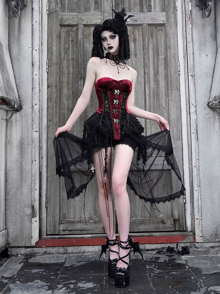 Gothic Black and Red Bustier Corset Lace-up Top Drawstring Hem