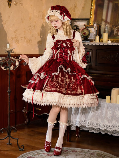 Bows Decoration Candle Embroidery Red Velvet Dress Lolita JSK / Set