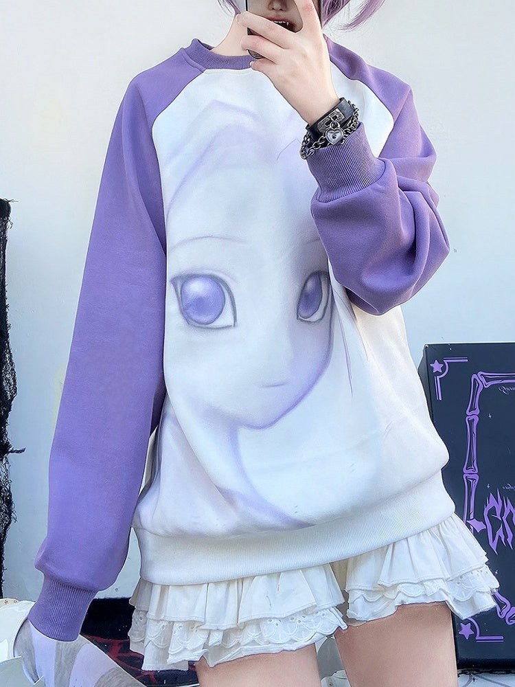 Cartoon Girl Print Purple and White Sweatshirt