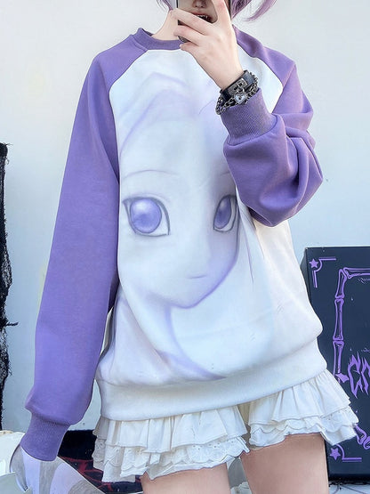 Cartoon Girl Print Purple and White Sweatshirt