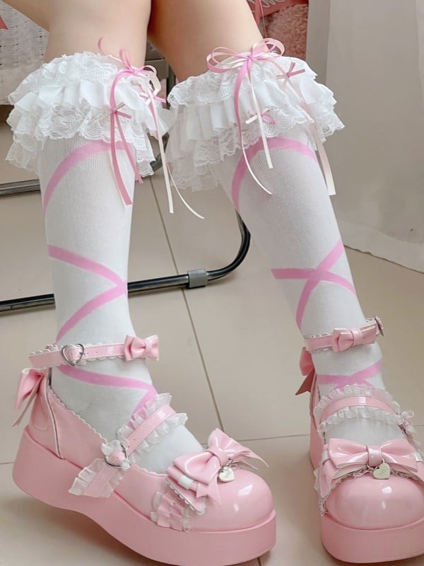 White Lolita Hollow-out Ruffled Cuffs Calf Socks With Crisscorss Banded Pattern