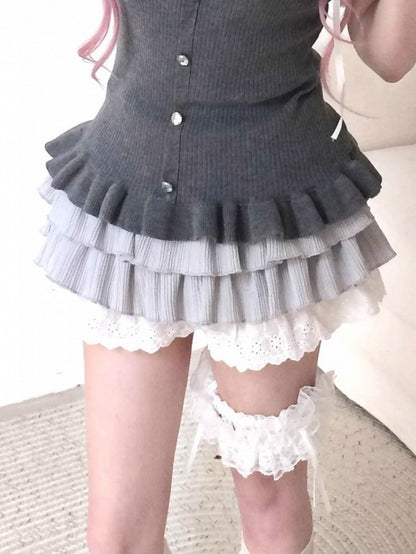 Elegant Light Gray Tiered Skirt with Lace Hem