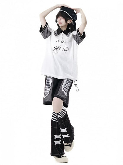 Double Layered Polo Collar Graffiti Panda Print White Waffle T-shirt