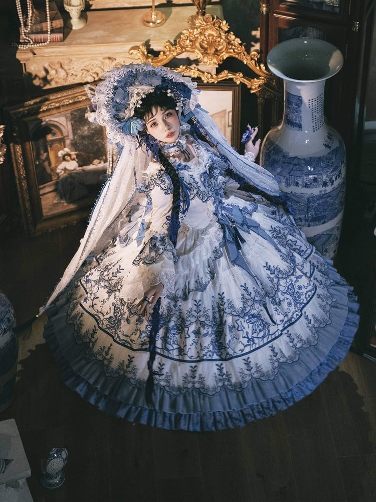 Butterfly Fabric Blue and White Porcelain Embroidery Chinoiserie Style Lolita Dress Long Version