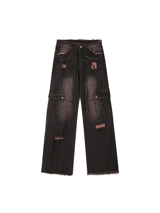 Clearance-Size XL for Waist 77.5CM Black and Pink High Waist Frayed Hem Wide Leg High Street Jeans