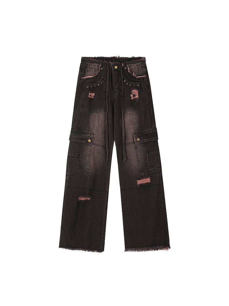 Clearance-Size XL for Waist 77.5CM Black and Pink High Waist Frayed Hem Wide Leg High Street Jeans