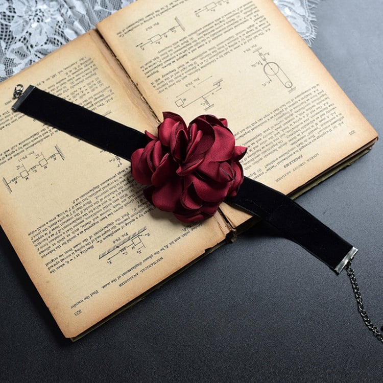 Gothic Punk Black and Red Floral Choker